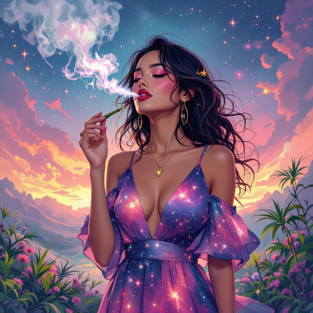 Cosmic Woman Smoking Joint in Ethereal Lighting