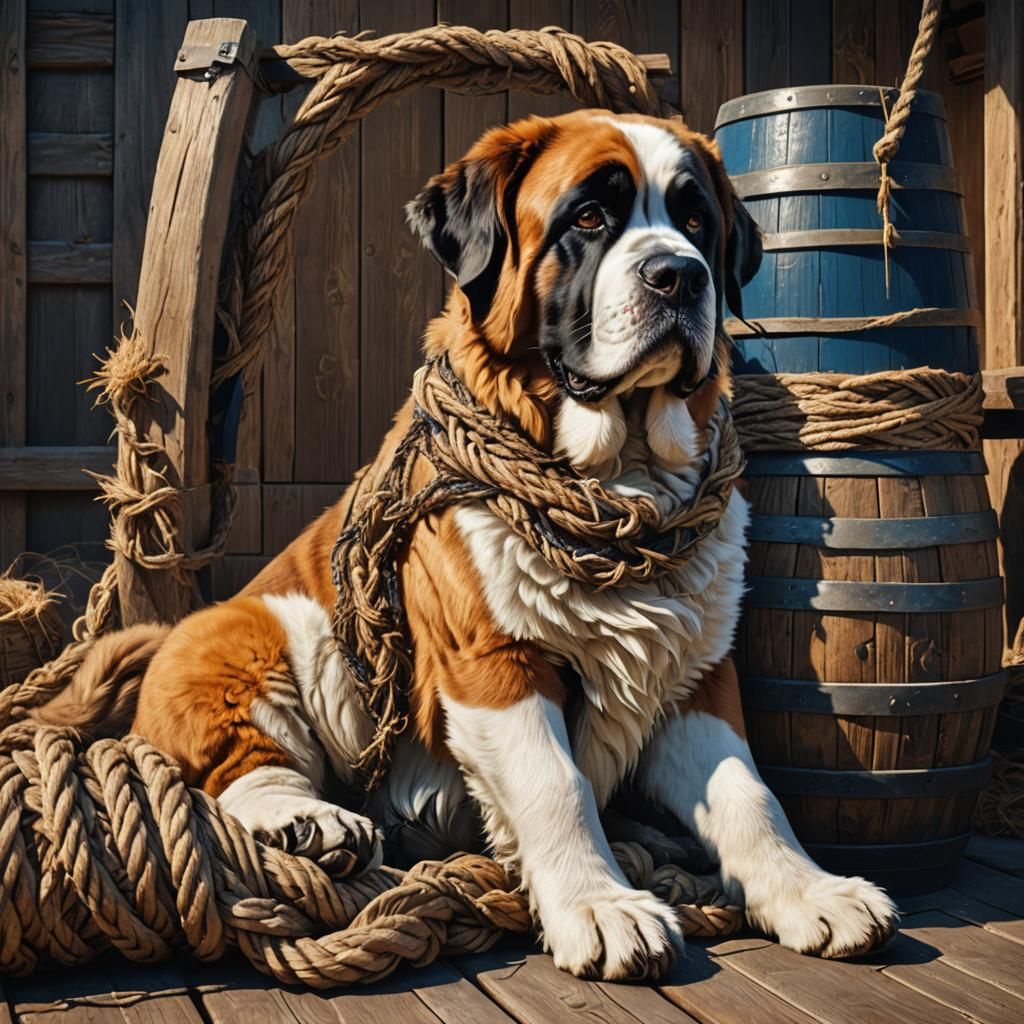 Rope Saint Bernard with Barrel, Fantasy Concept Art