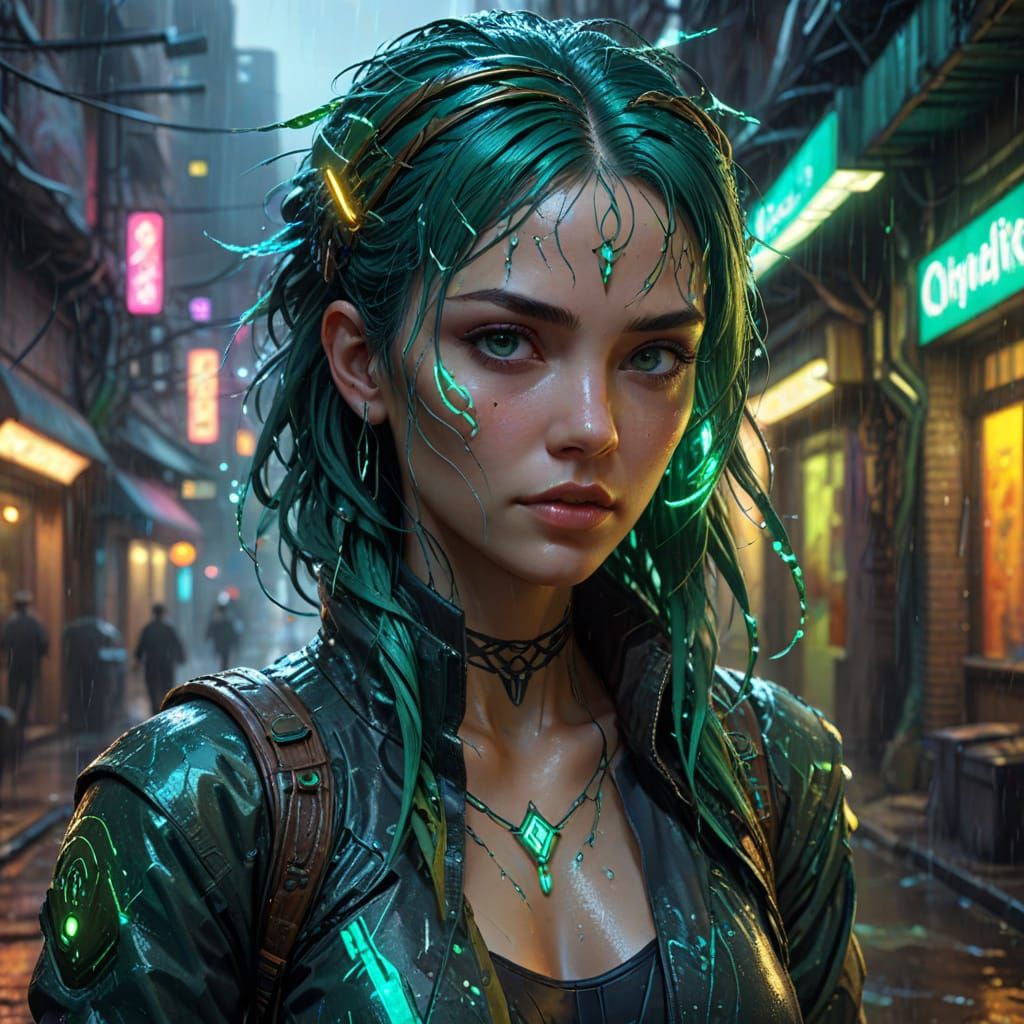 Cyberpunk Druidess Portrait in Rainy Alleyway