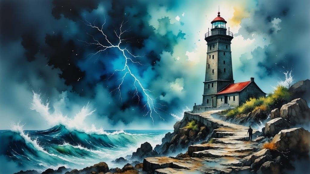Majestic Lighthouse Defies Tempestuous Storm