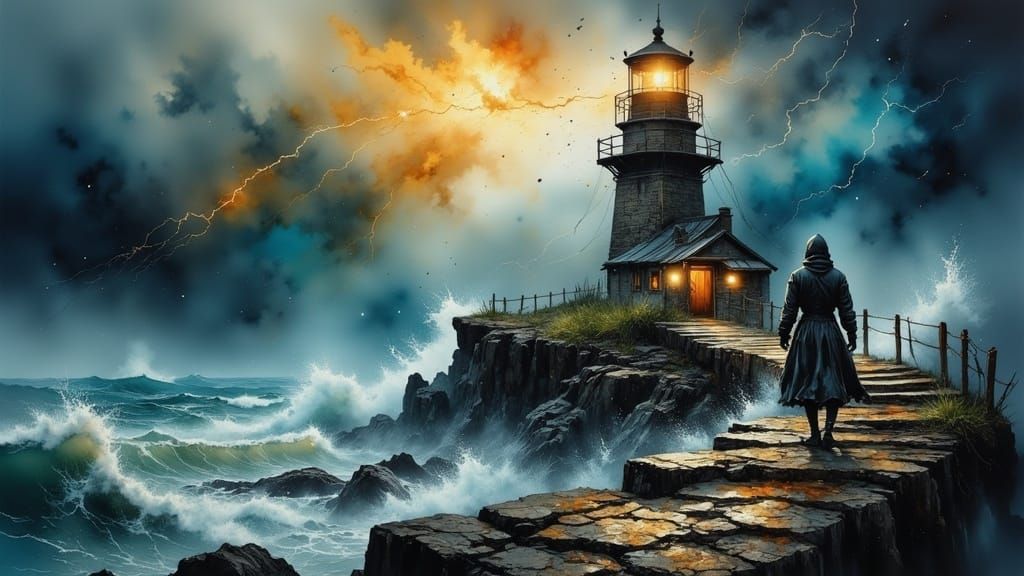 Weathered Lighthouse Standst Strong Against Tempestuous Seas...