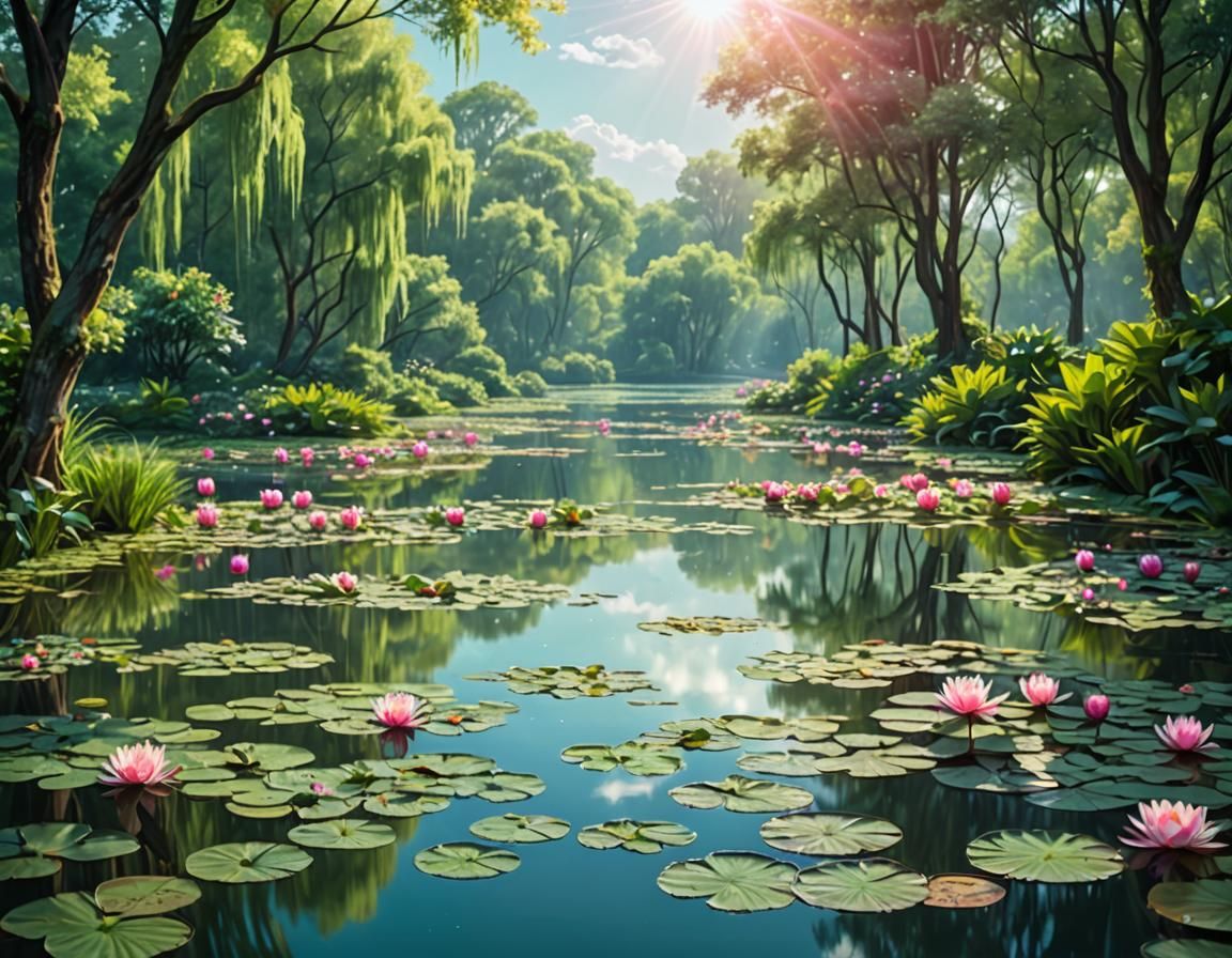 Dreamy Lake of Water Lilies in Emerald and Pink