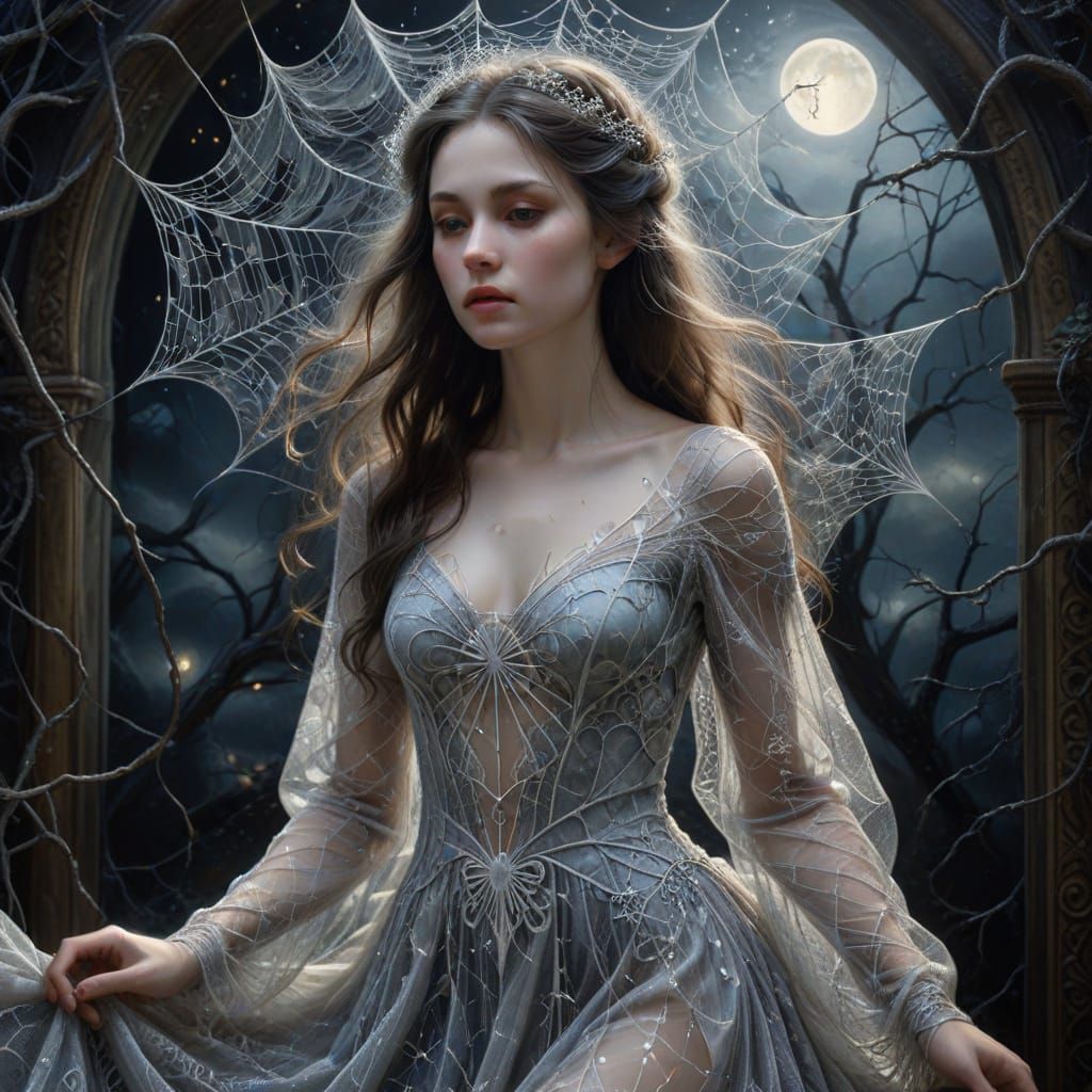 Ethereal Maiden in Spider Web Gown, Oil Painting