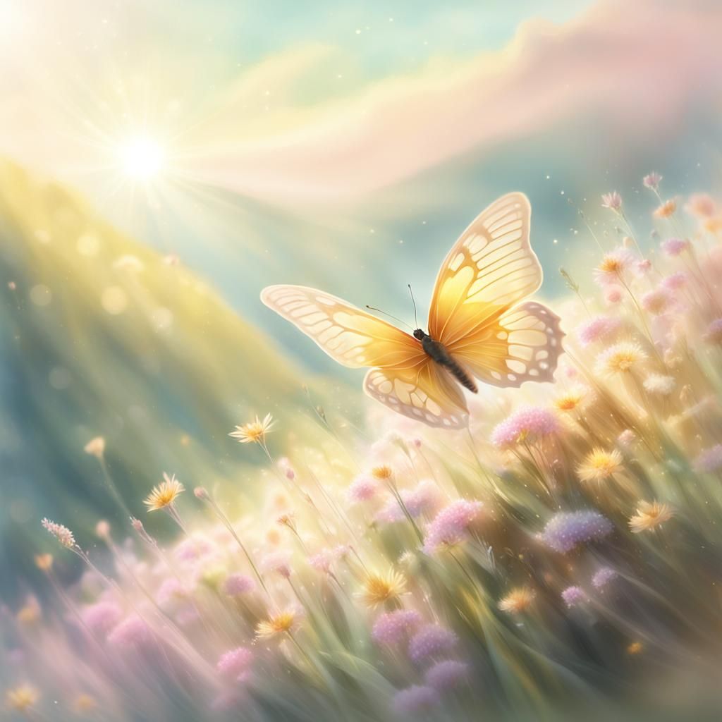 Dreamy Butterfly Amidst Vibrant Flowers in Soft Focus Digita...