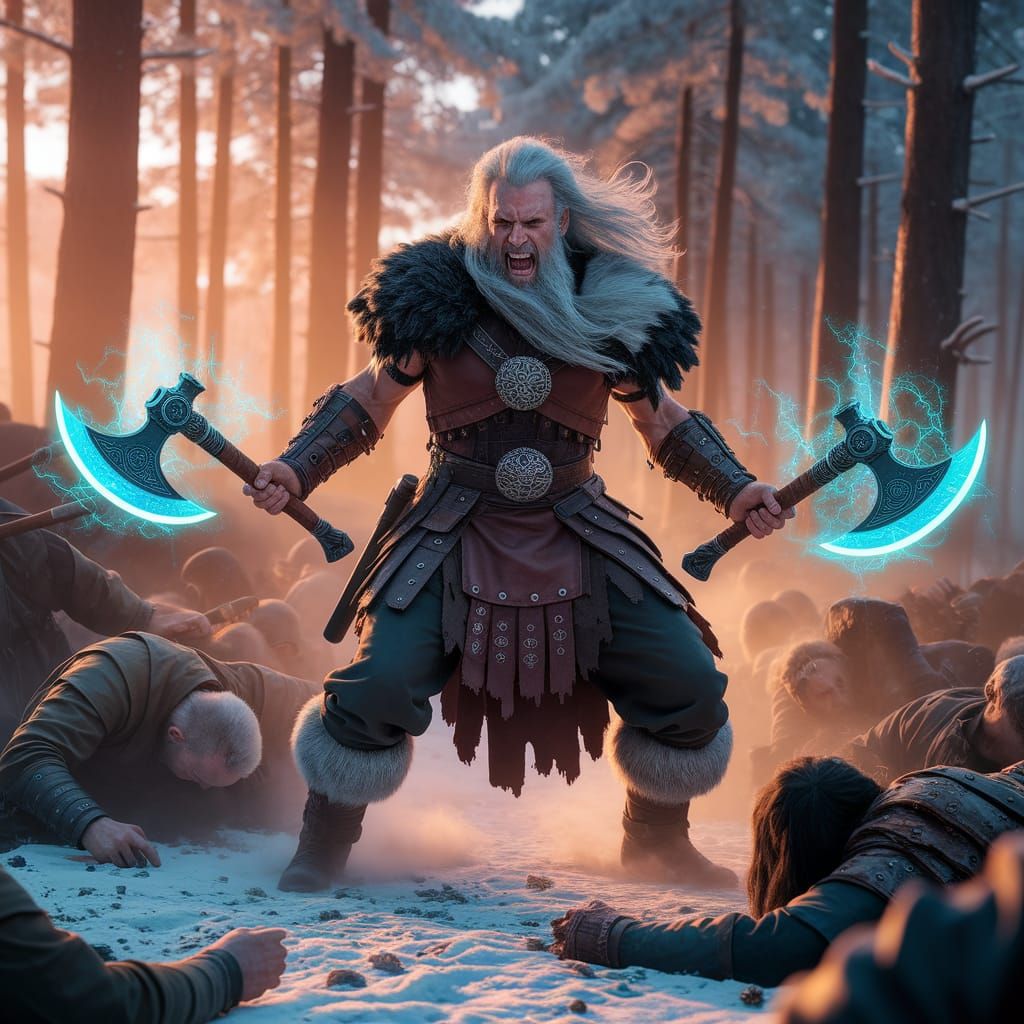 Viking Berserker Wields Blue Energy Axes in Battle