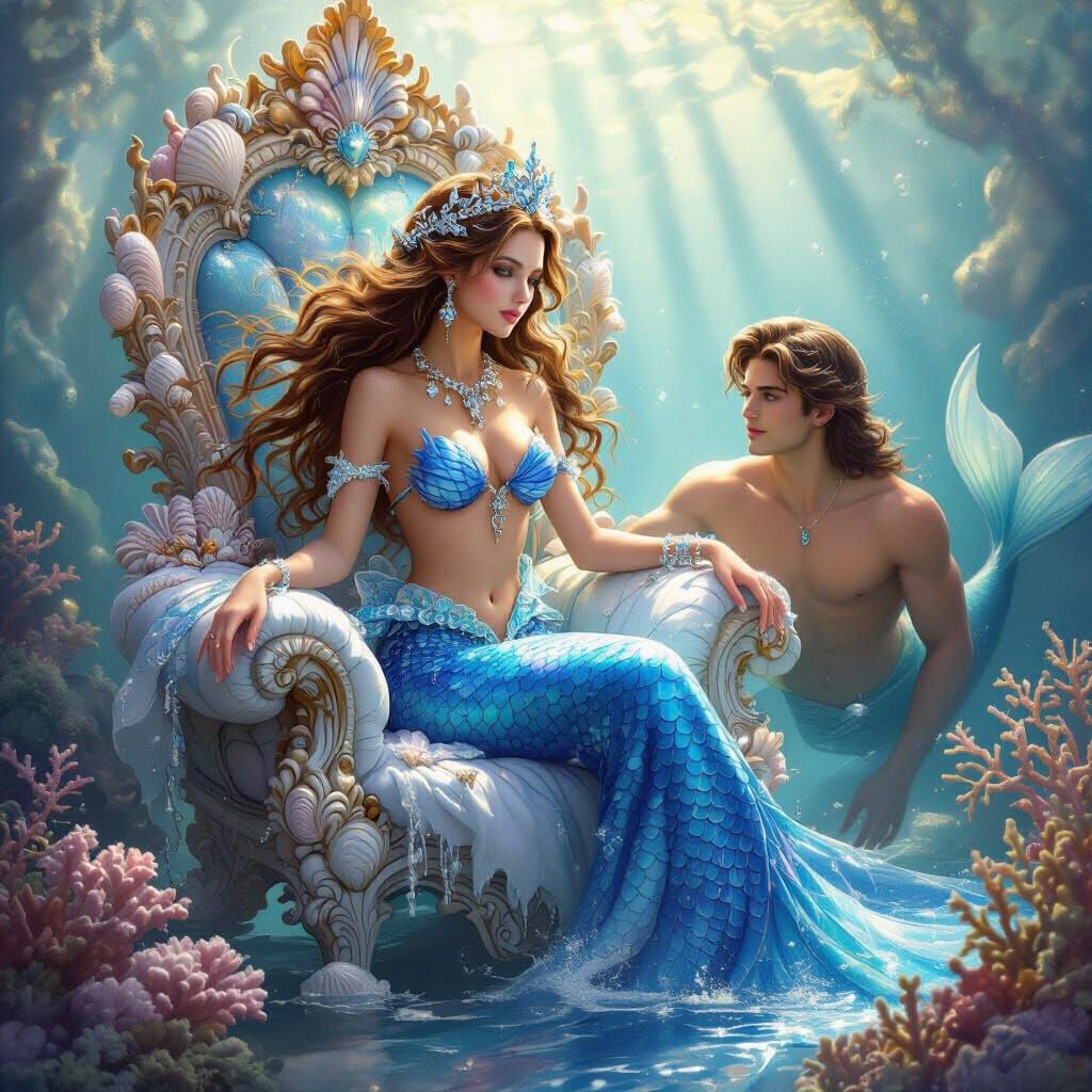 Mermaid Princess on Coral Throne in Dreamy Fantasy Style