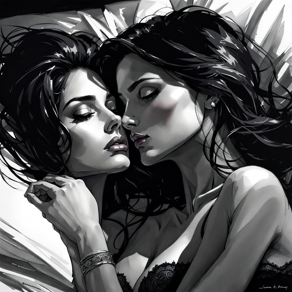 Intimate Portrait of Two Women Embracing in Bed