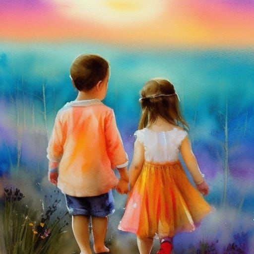 Watercolor Painting of Children in Slavic Village