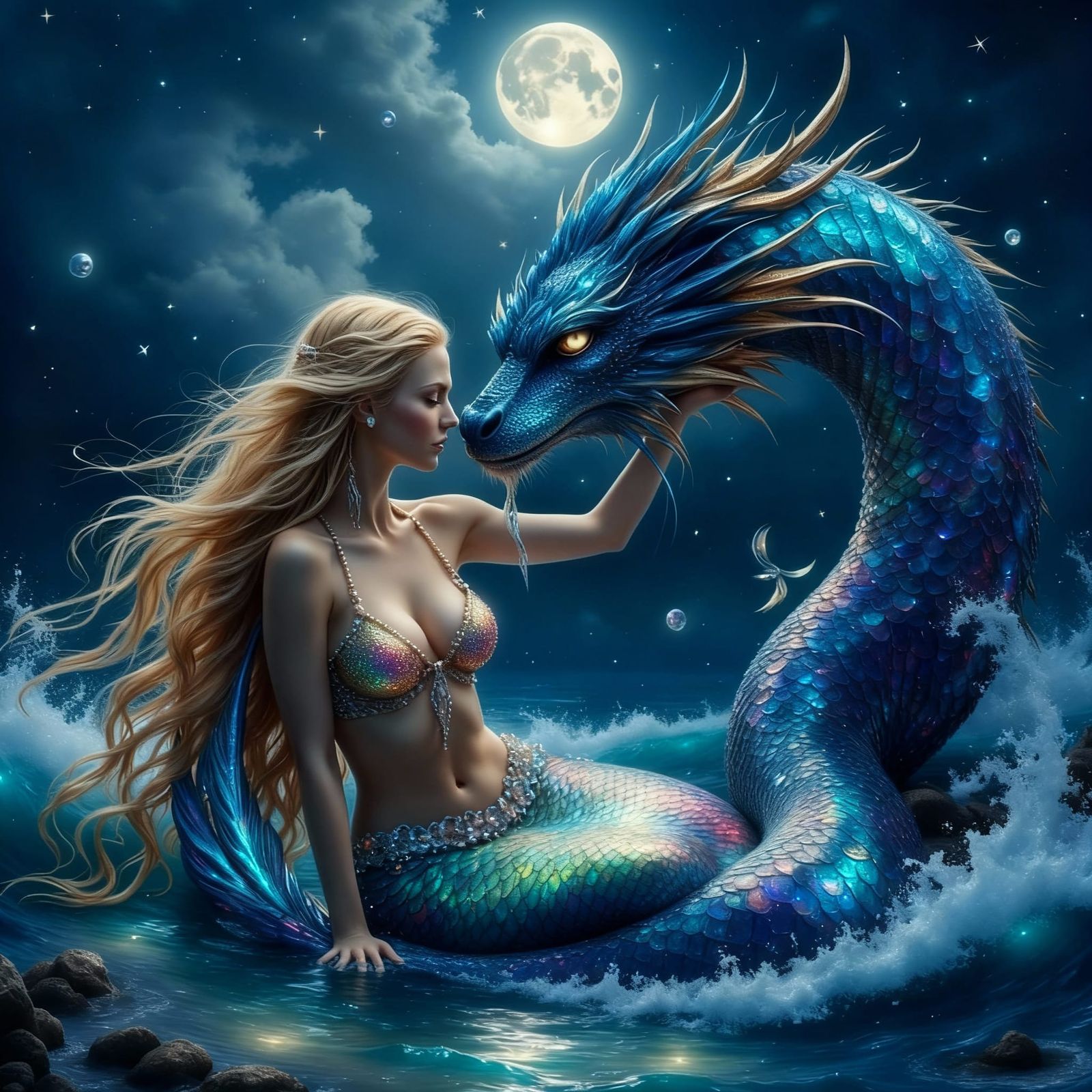 Mermaid Embraces Dragon in Bioluminescent Ocean