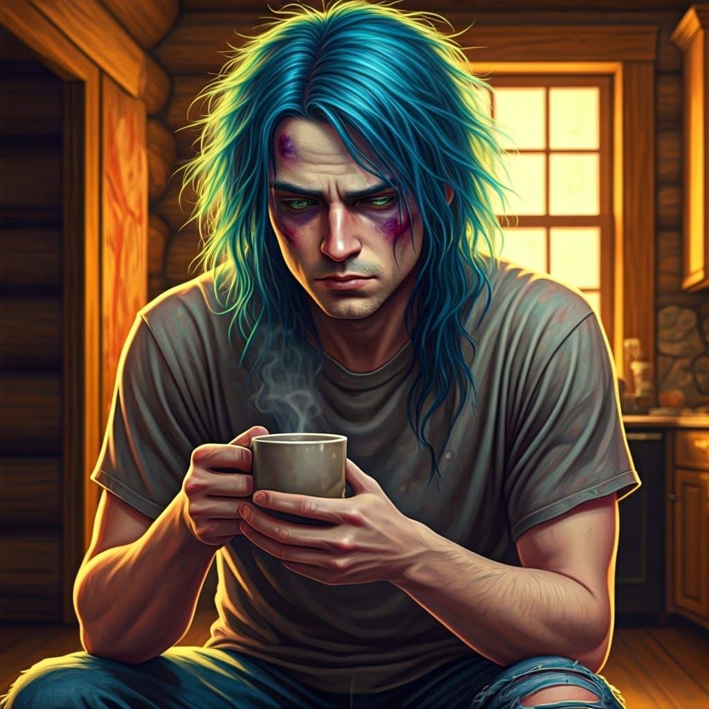 Distressed Man with Coffee: Folk Art Digital Painting