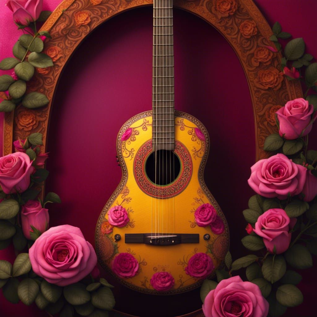 Spanish Guitar with Tea Roses in Detailed Matte Painting