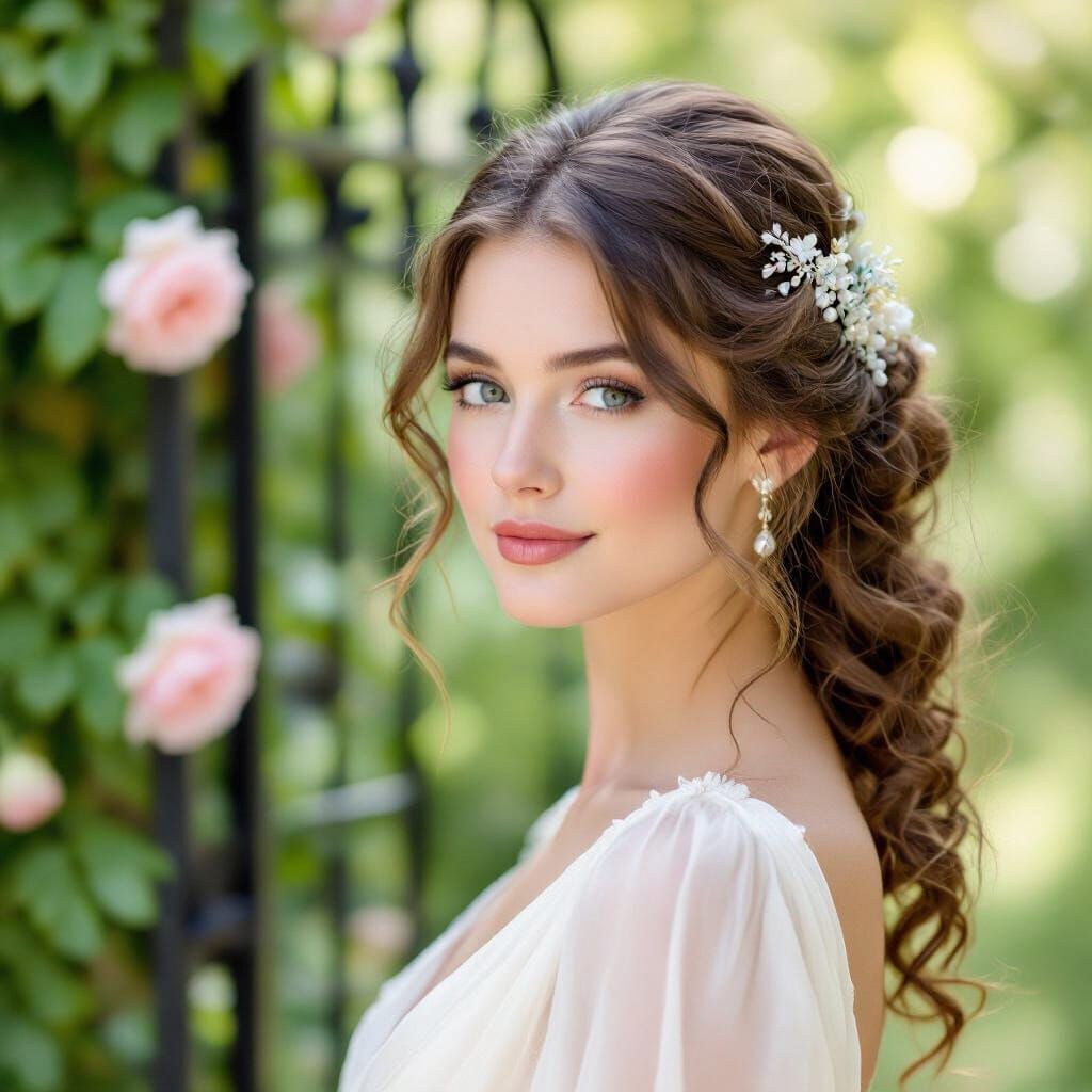 Romantic Portrait of a Bride with Loose Curls in Floral Hair...