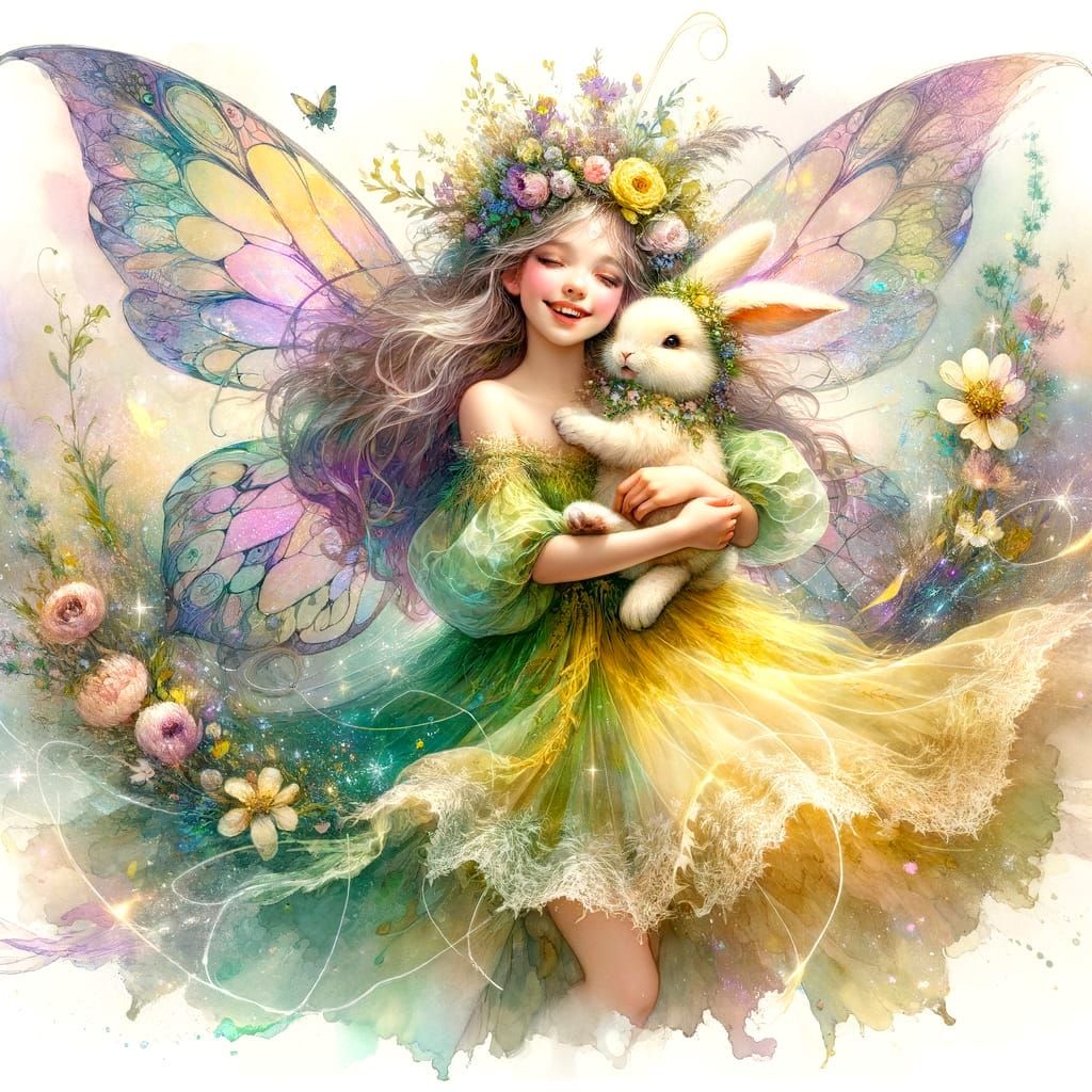 Enchanting Fairy and Bunny in Whimsical Watercolour Style