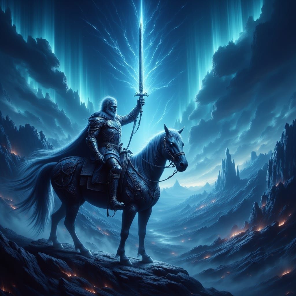 Knight in Armor Against Aurora Sky