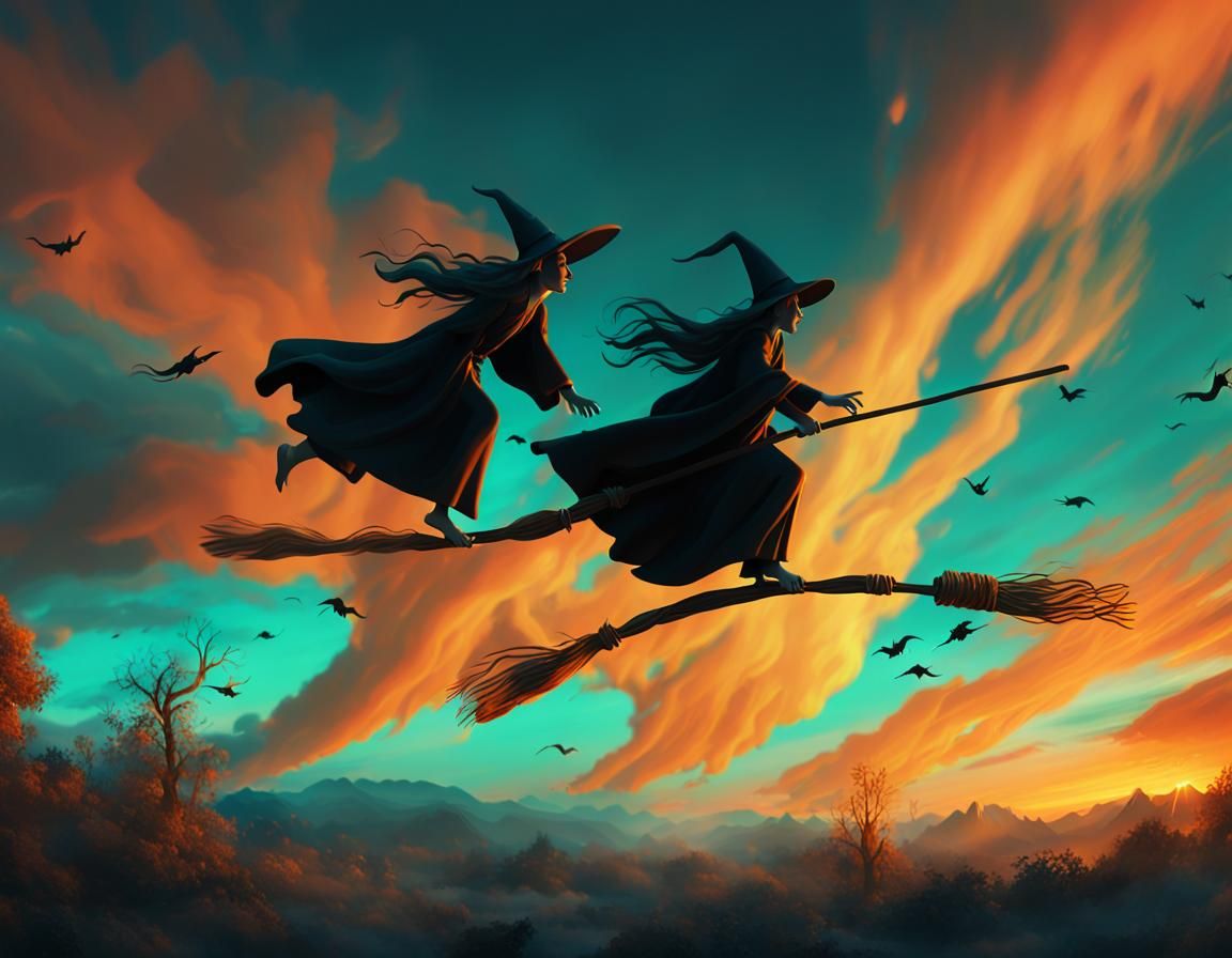 Witches Flying on Broomsticks in Twilight Sky