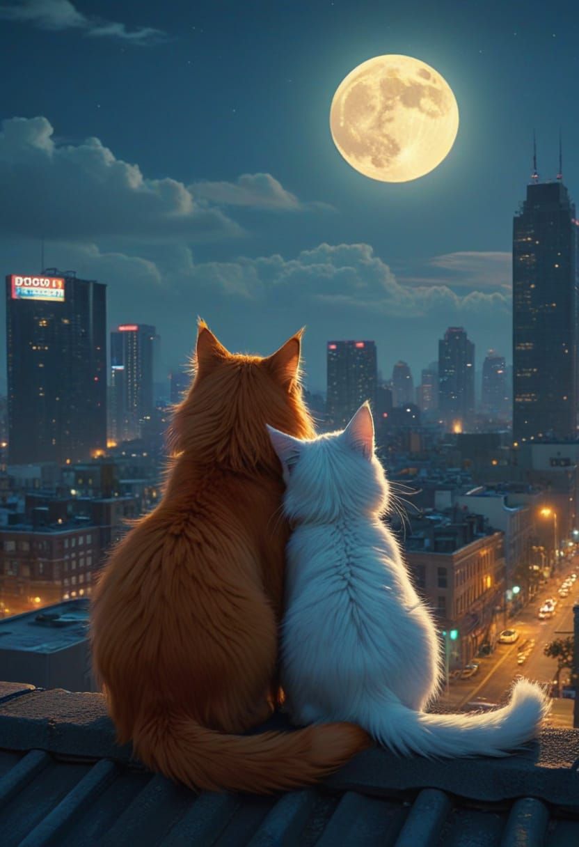 Cats on a Roof at Night: Hyper-Realistic Photography