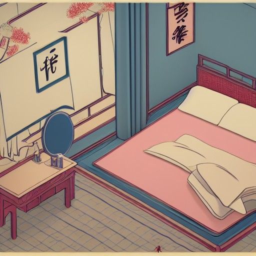 Comic Style Bedroom with Pillows, Anime Art