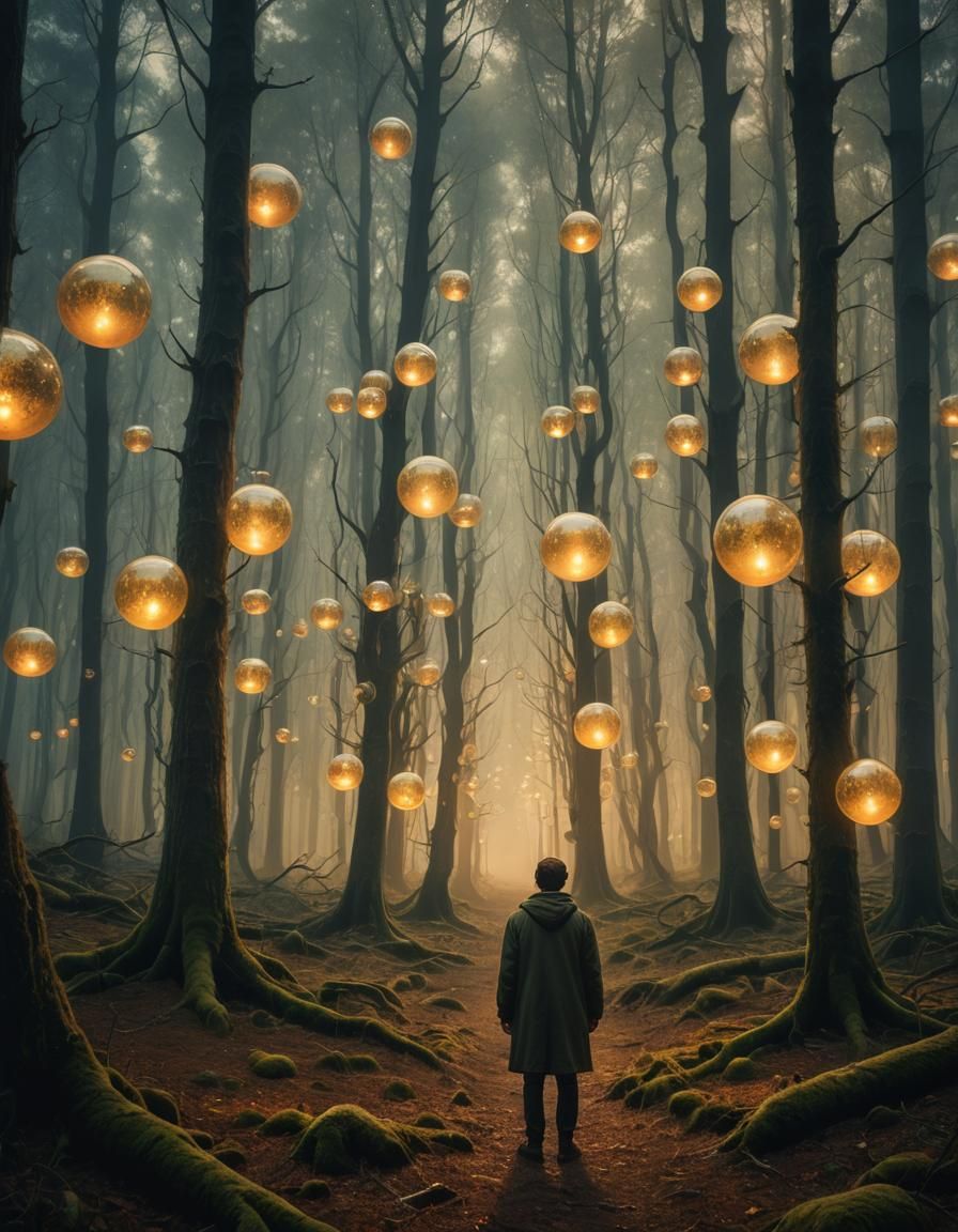 Mystical Forest with Ethereal Orbs in Surreal Style
