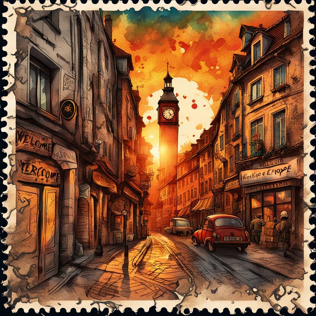 Steampunk Europe Postcard with Sunset