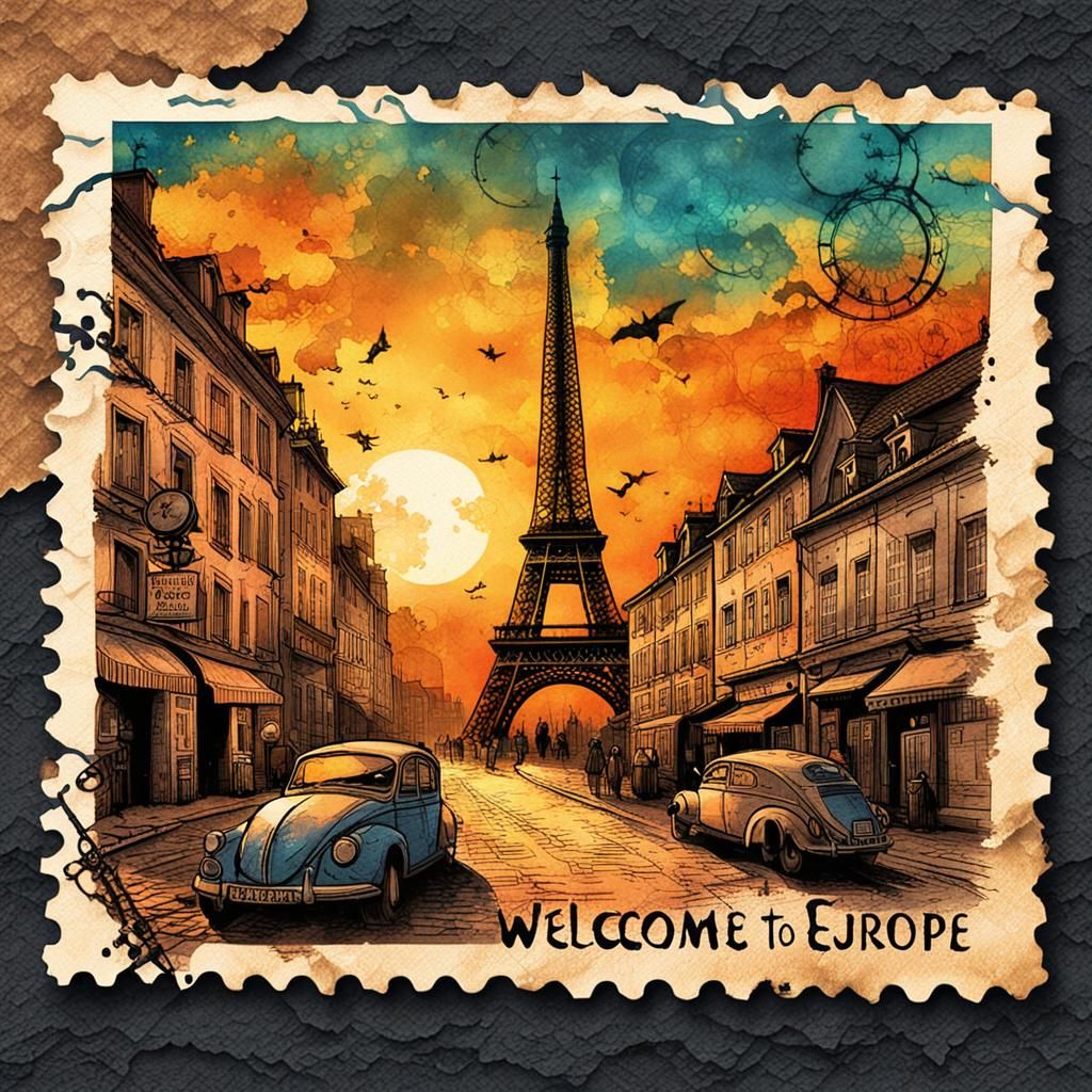 Steampunk European Postcard with Sunset Ink Painting