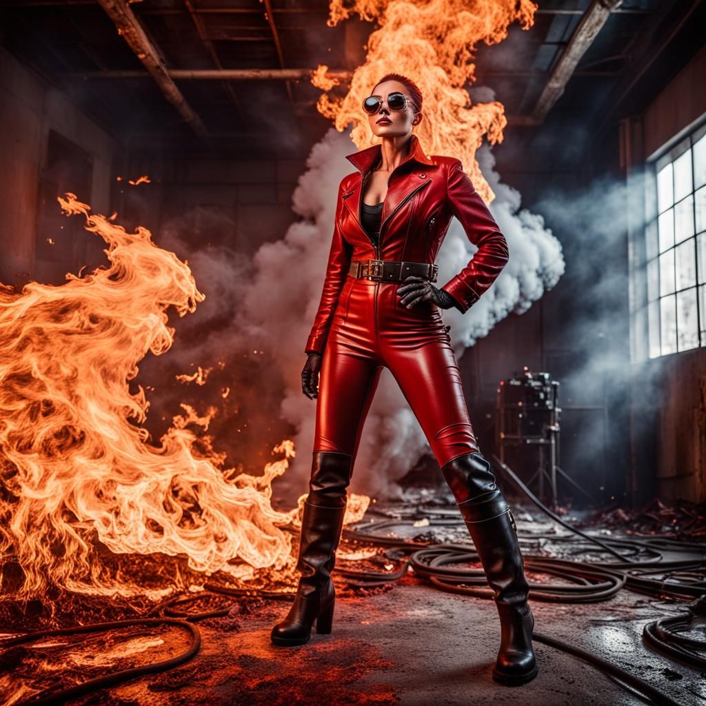 Fiery Studio Portrait of Woman in Red Leather