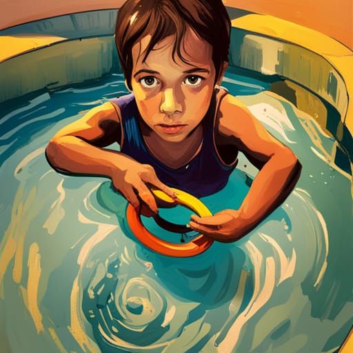 Embarrassed Toddler in Pool with Yellow Ring, Spray Paint St...