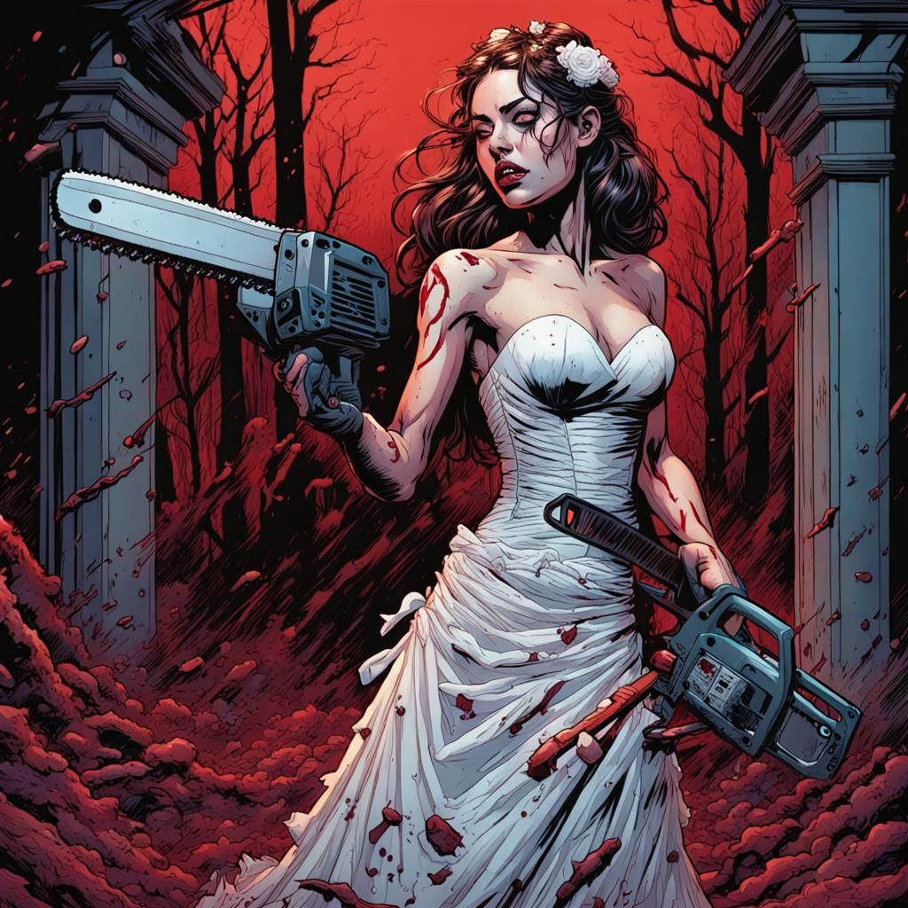 Comic Book Bride with Chainsaw Illustration
