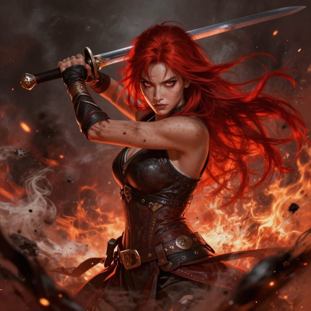Fiery Swordswoman in Ash Storm