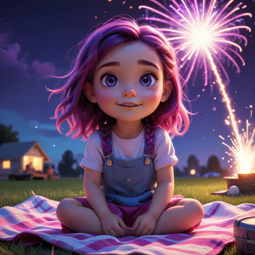 Joyful Chibi Girl Watches Fireworks in Synthwave Style