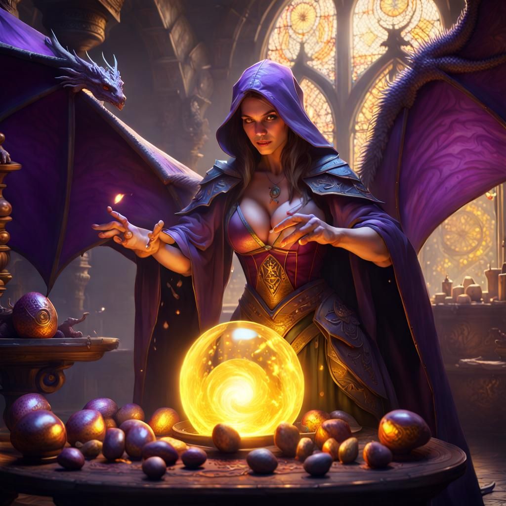 Sorceress casting spell to help dragon hatch eggs