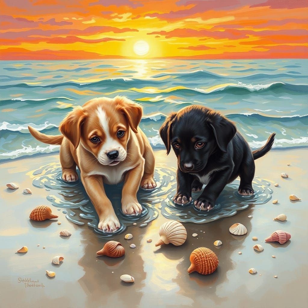 Puppies at Beach Sunset in Painterly Style