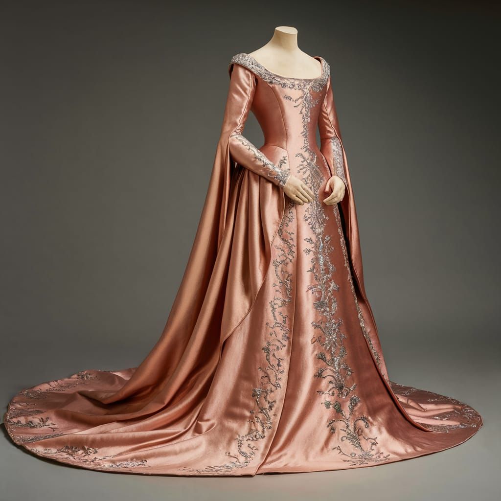 Elegant Light Copper Medieval Gown on Dress Form