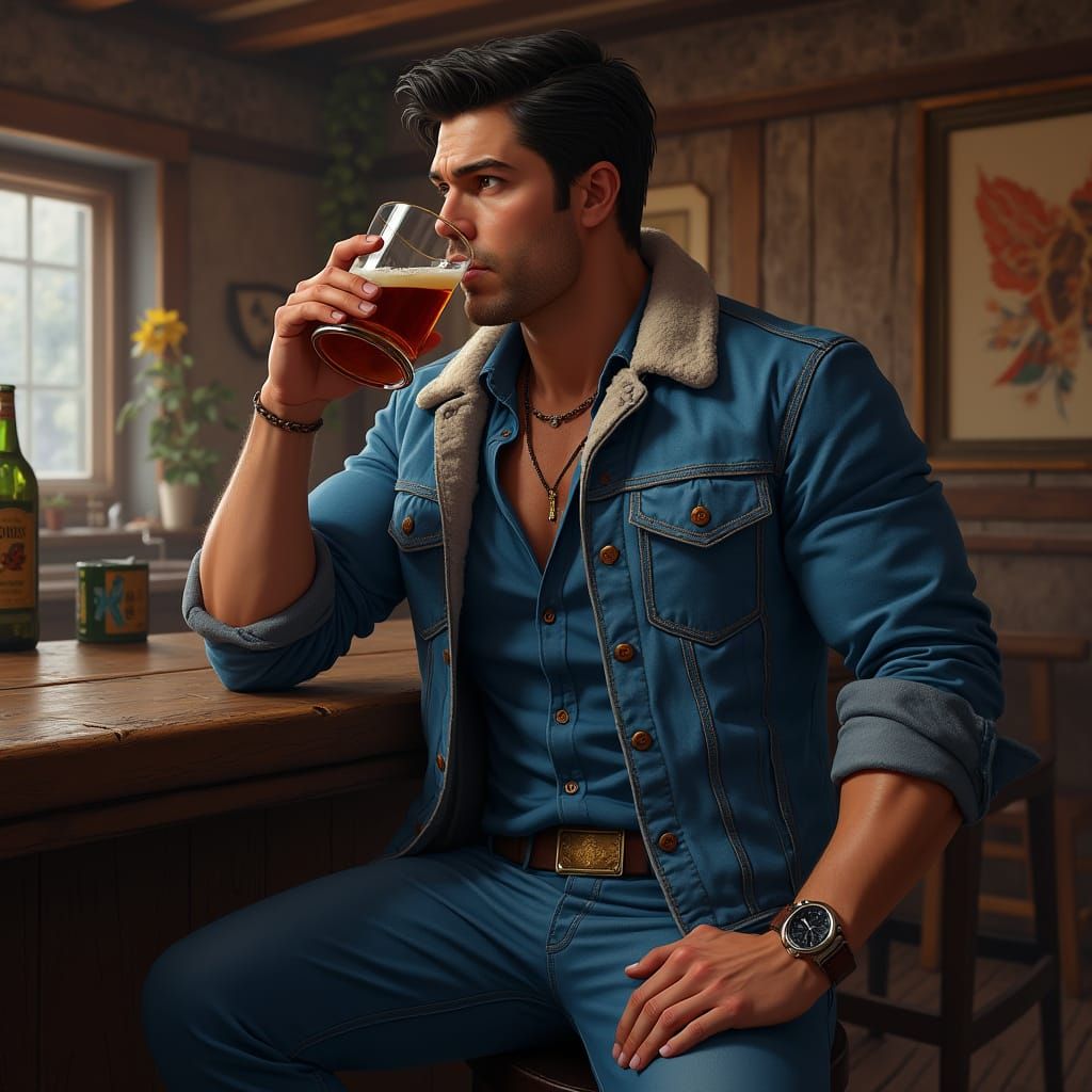Hyperrealistic Man at Bar in Atmospheric Lighting