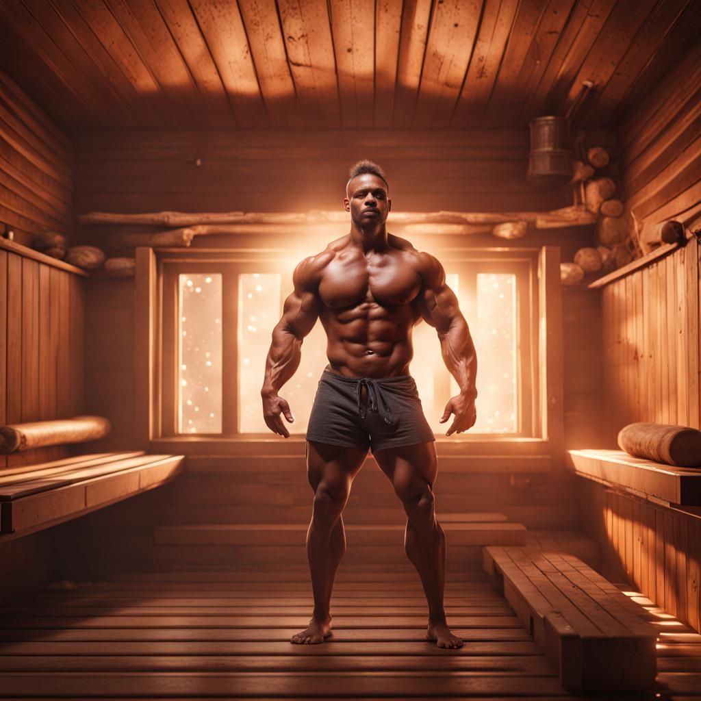 Bodybuilder in Sauna: Detailed Matte Painting