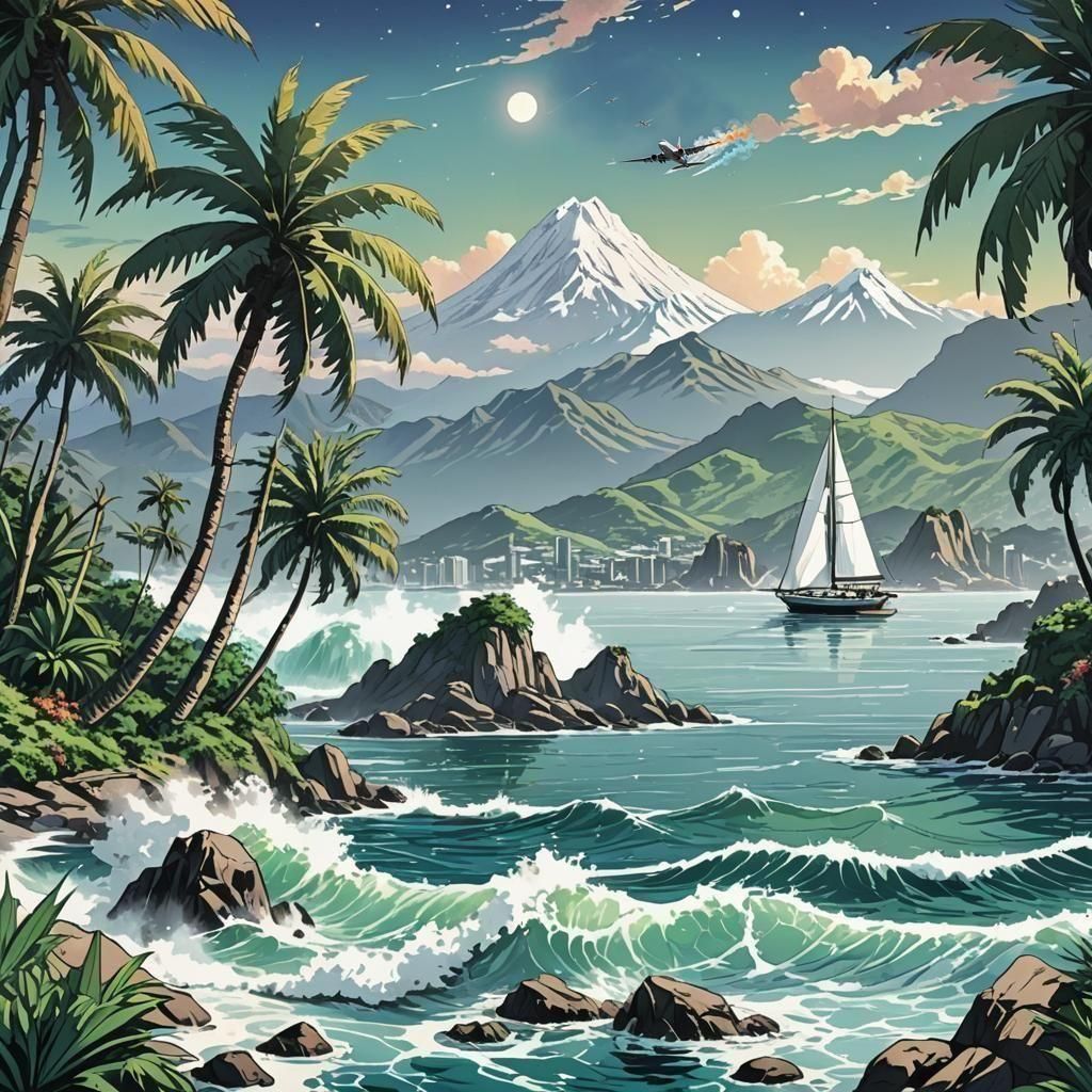 Anime Landscape: Palms, Ocean, and Snowy Peaks