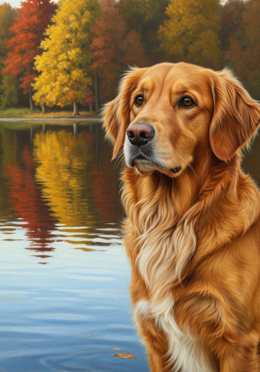Golden Retriever Portrait in Autumn Lake Reflection