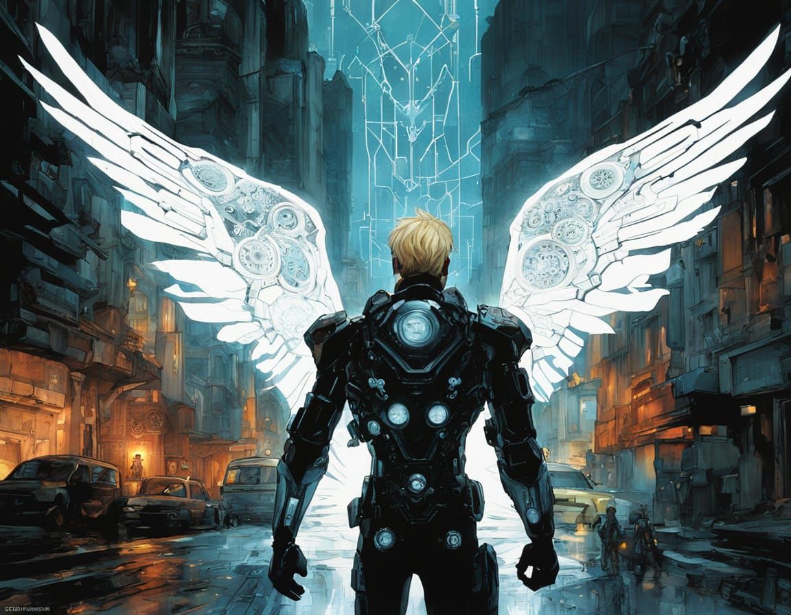 Cyberpunk Angel in Futuristic Exosuit Amidst Organic Archite...