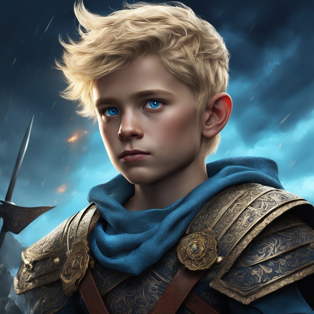 Nordic Viking Boy with Electric Blue Eyes, Matte Painting St...