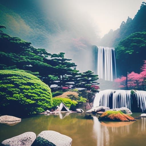 Misty Japanese Mountain Waterfall with Torii Gates