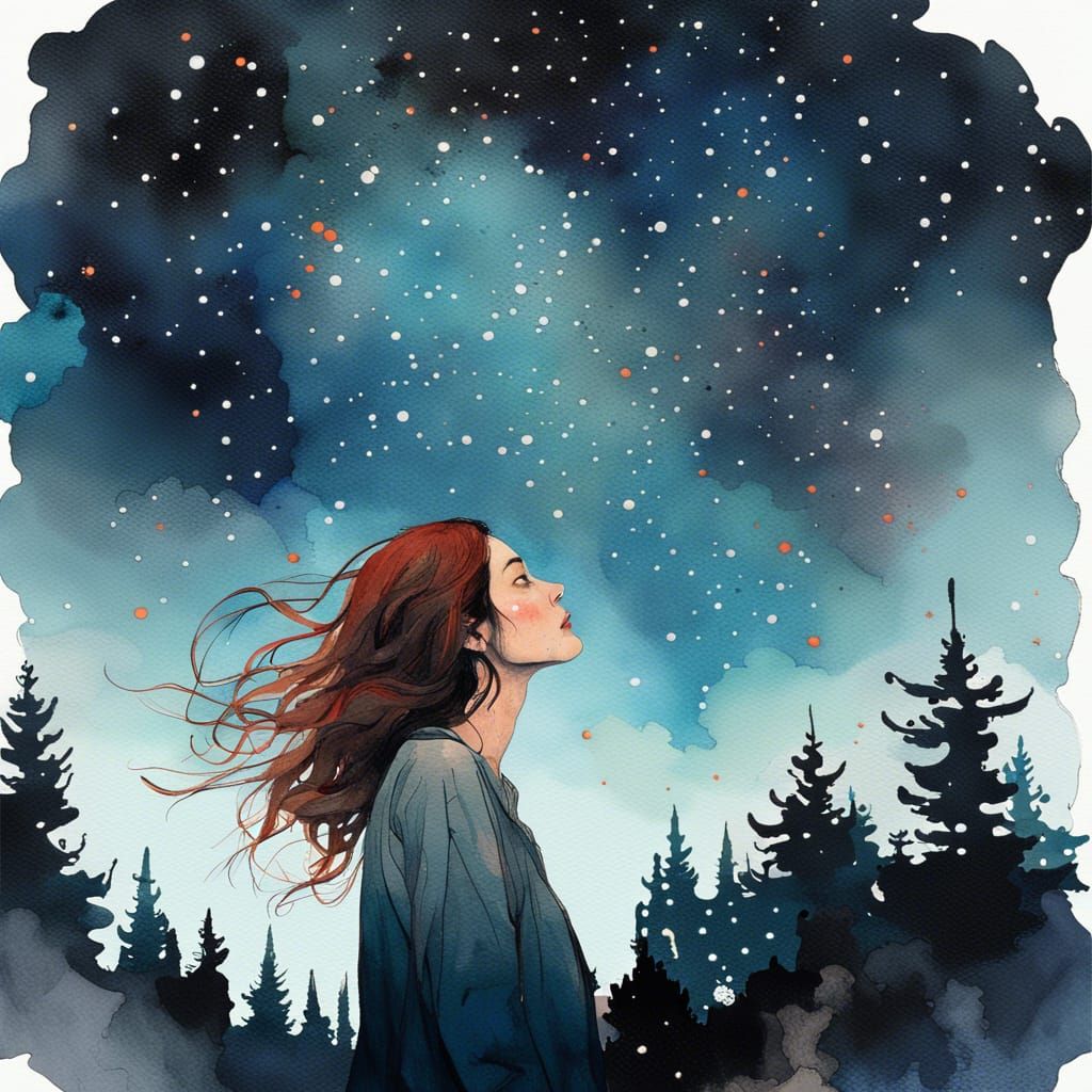 Woman Gazing at Starry Night in Watercolor Style