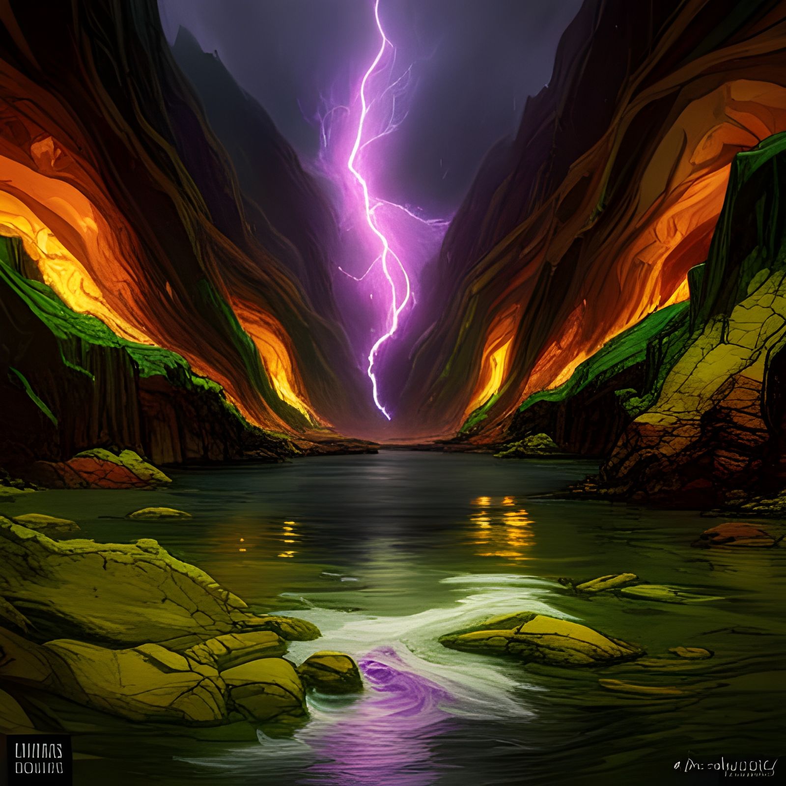 Raining Flames Over Green River: Dark Fantasy Art