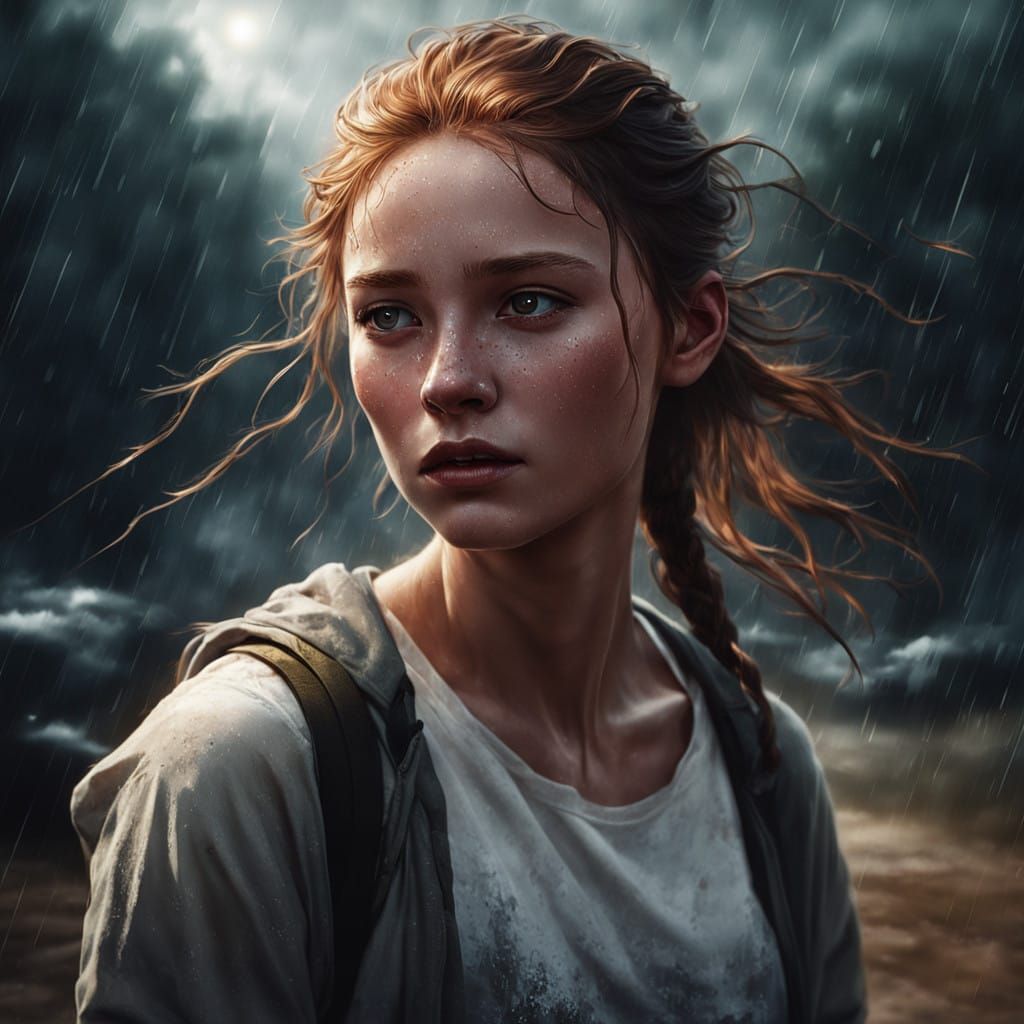 Slavic Teenage Girl in the Rain, Gazing Upward in Wonder
