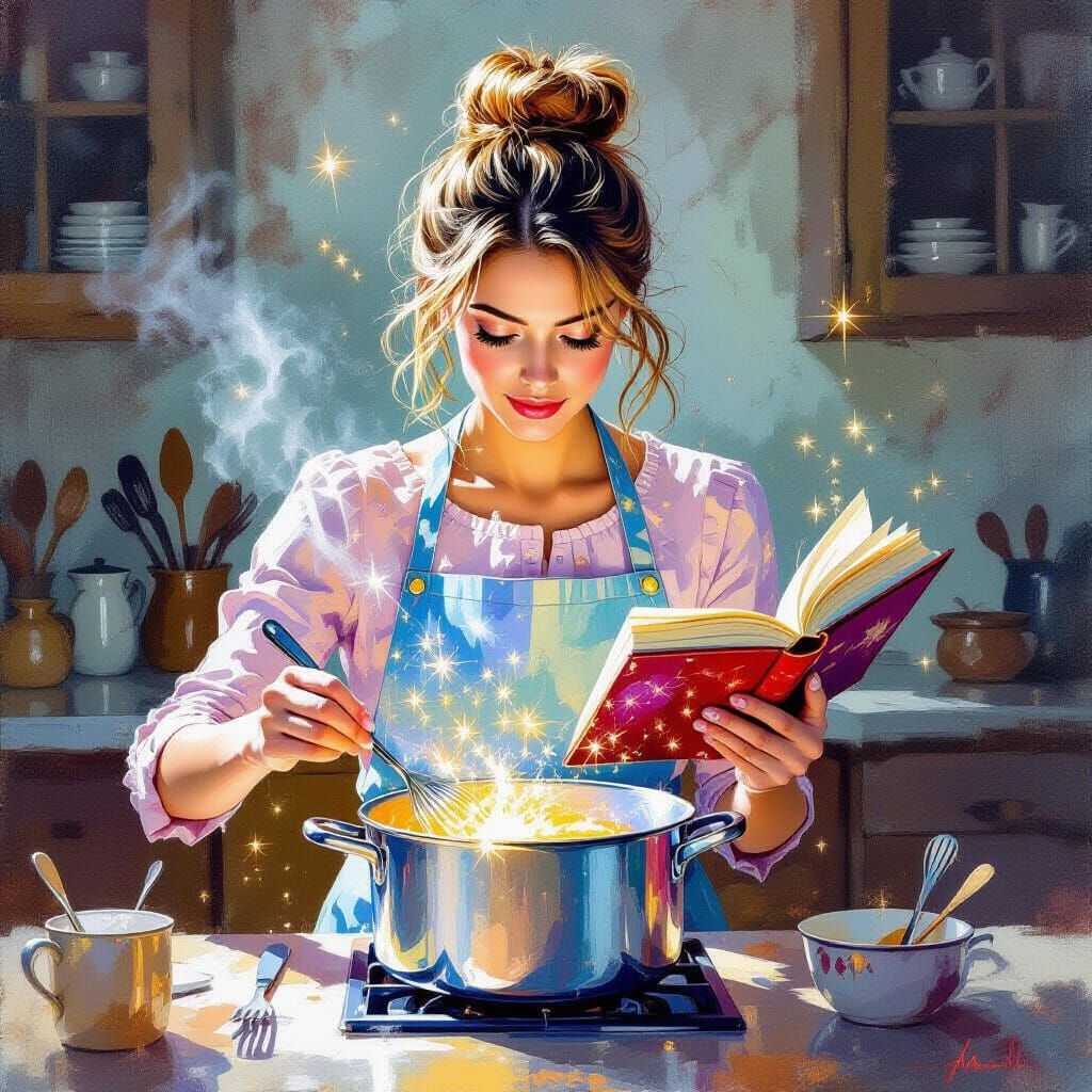 Housewife Cooking with Magic, Sparkly Spellbook, Utensils Mo...