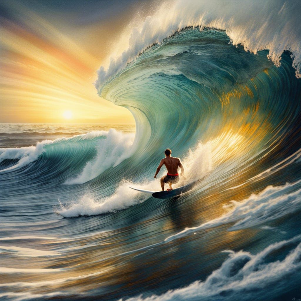 Surfer in Towering Wave: Watercolour Art