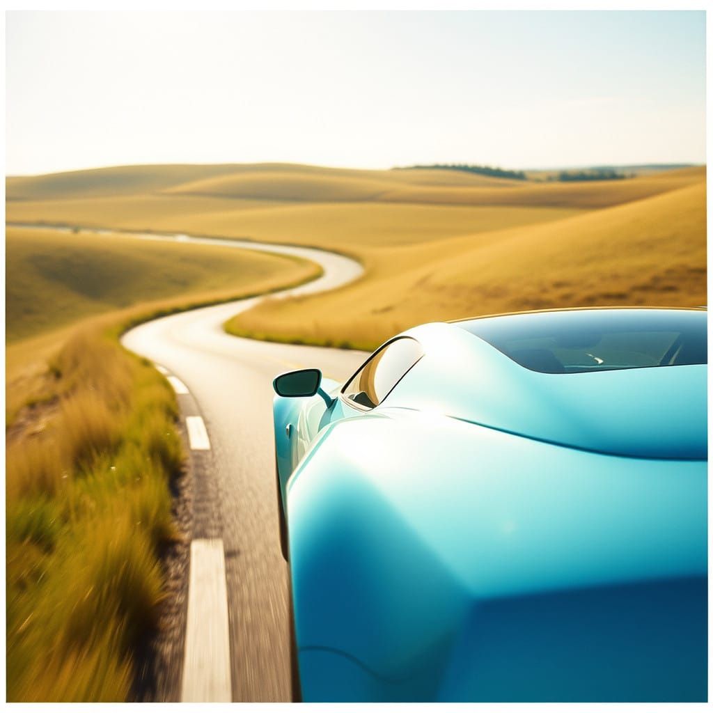 Sleek Concept Car on Winding Road in Warm Sunshine