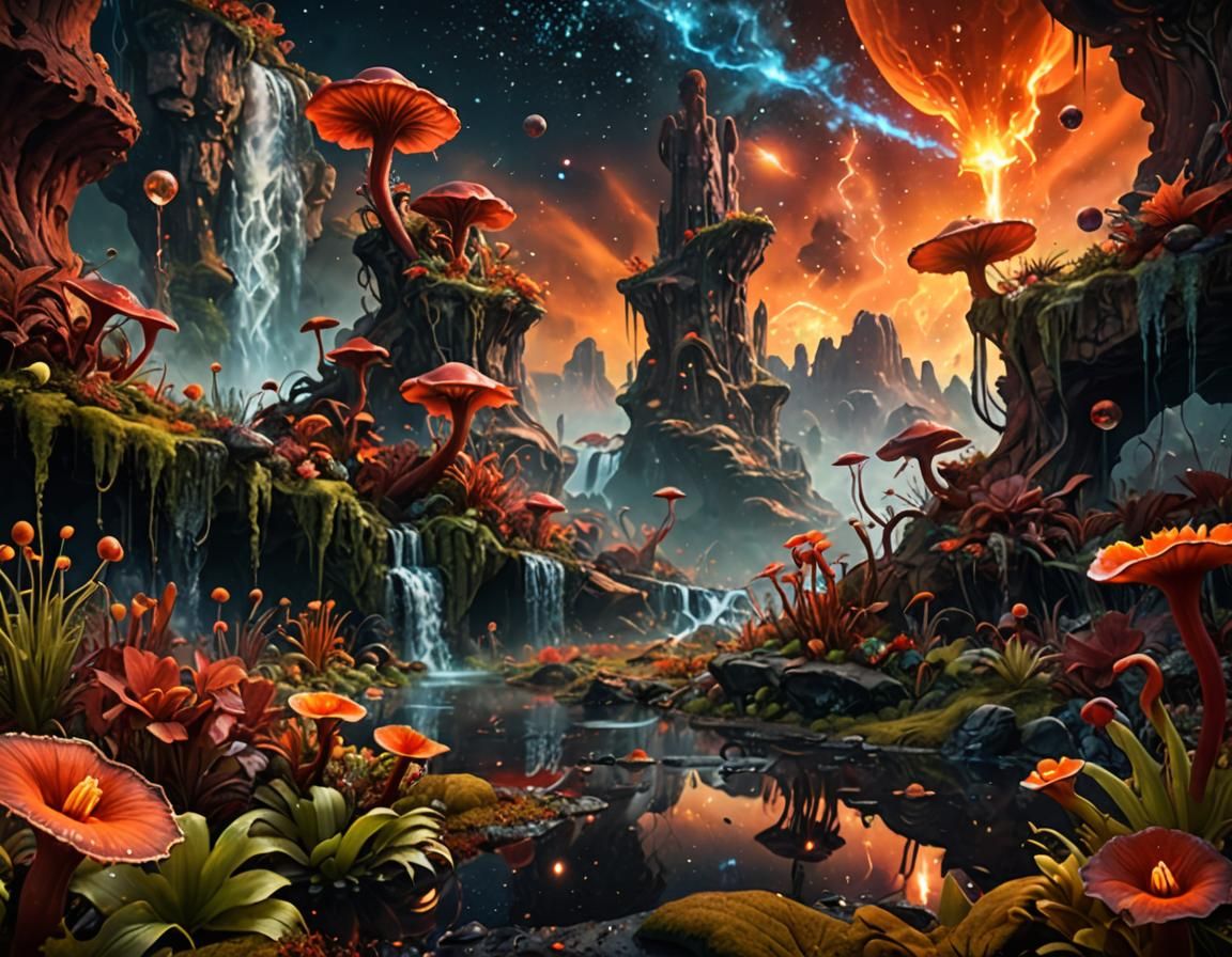 Surreal Alien Landscape with Fire Waterfalls