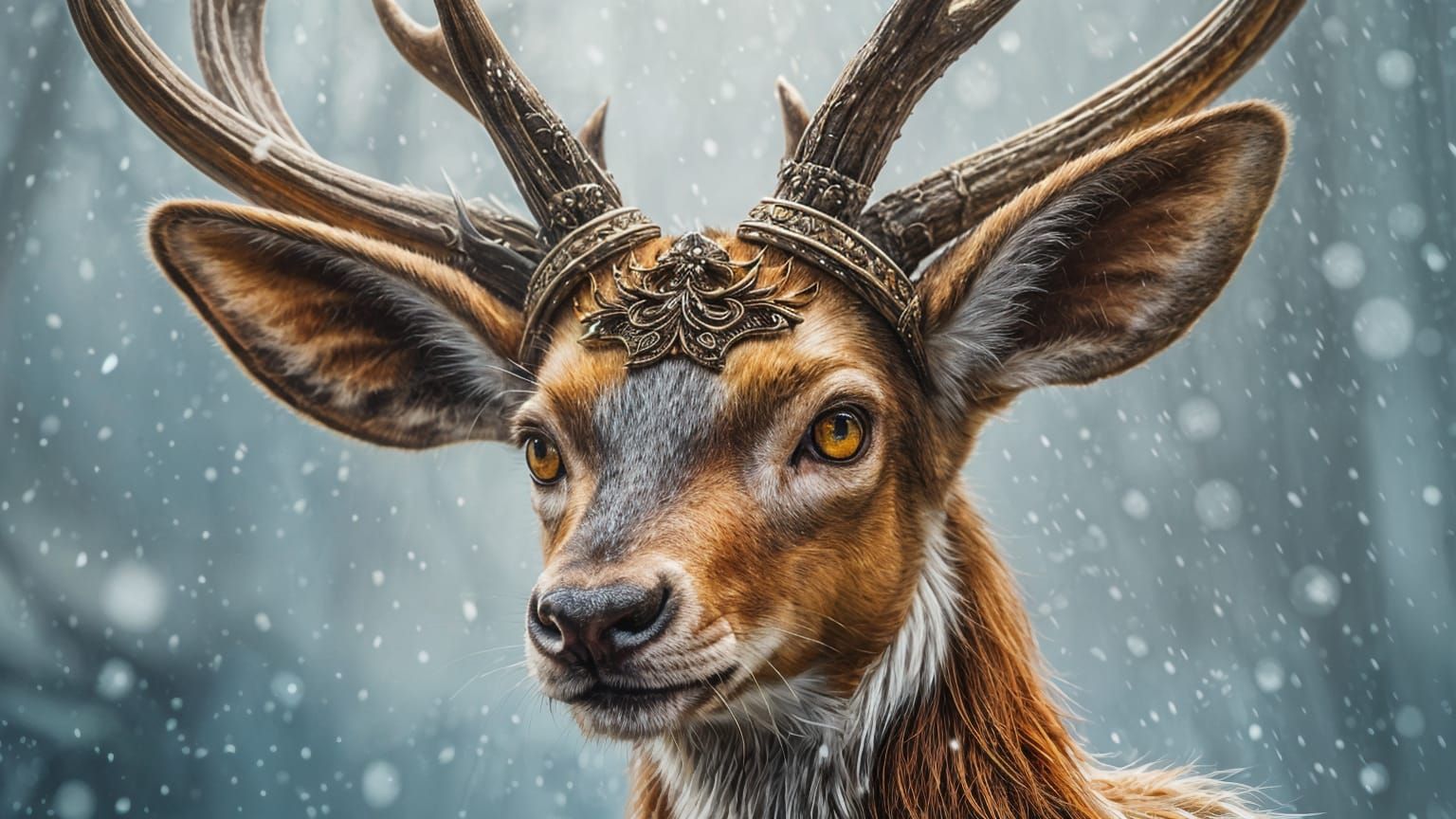 Fantasy Fairy Stag in Snowstorm, Oil Painting