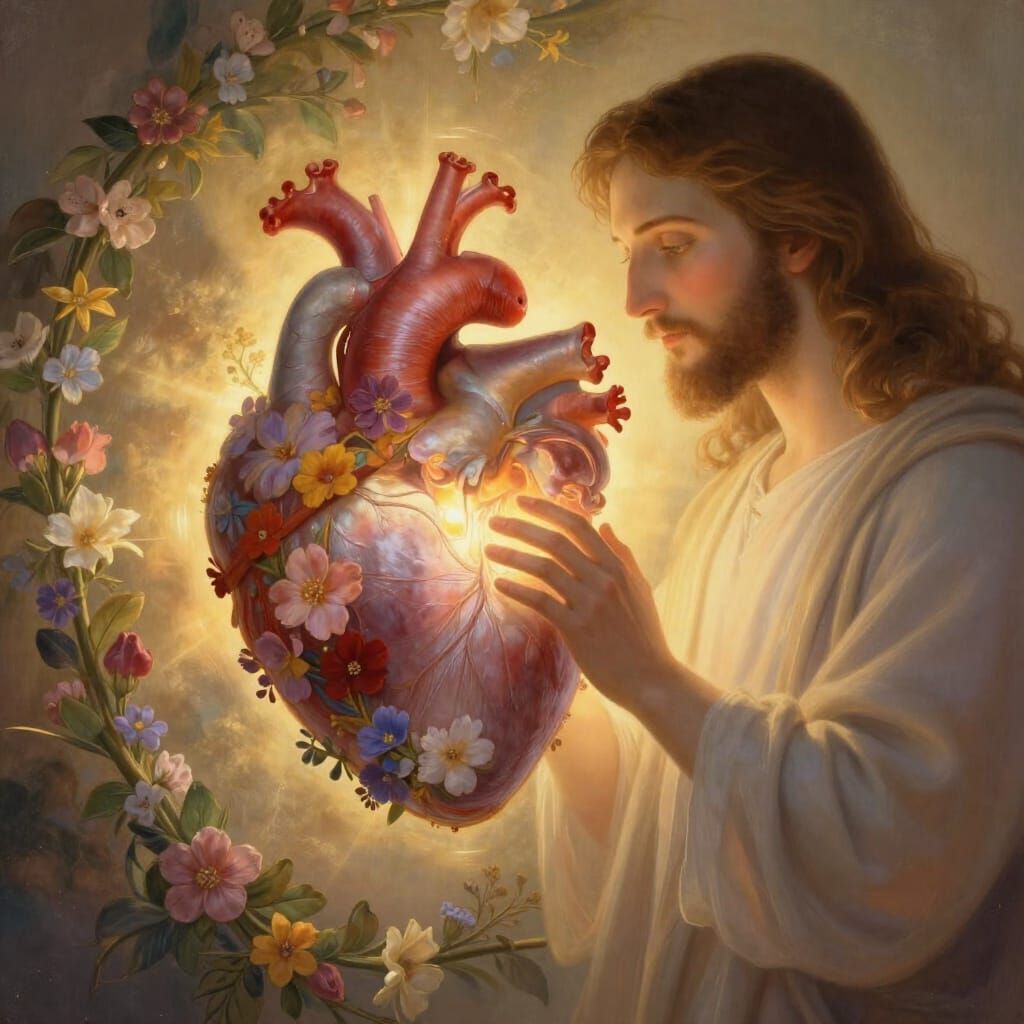 Jesus Knocks on a Heart Adorned with Flowers