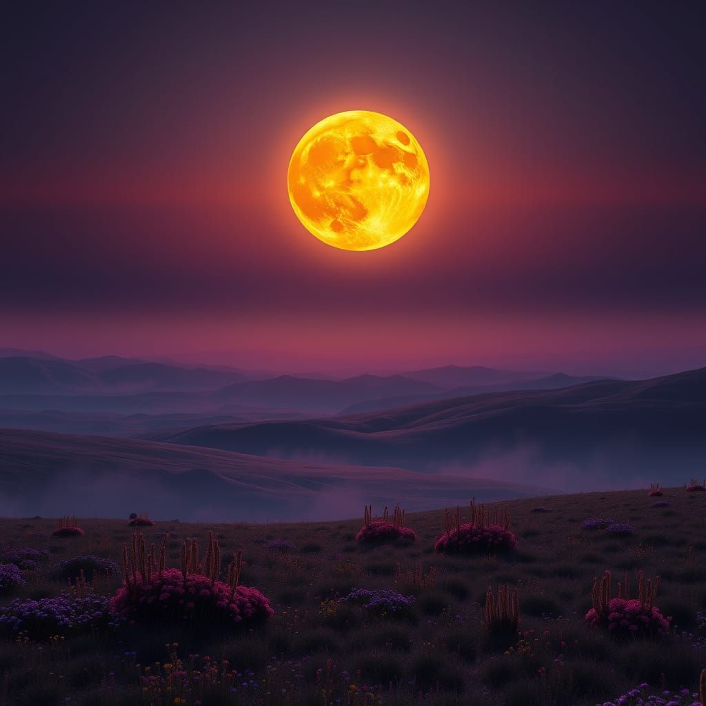 Gigantic Yellow Moon Ascends Over Moorland
