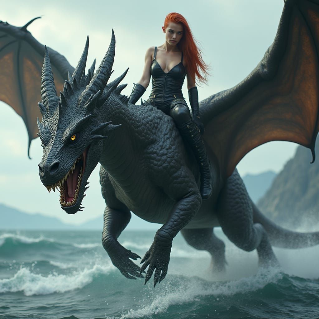Dragon Rider over Stormy Sea, Fantasy Art